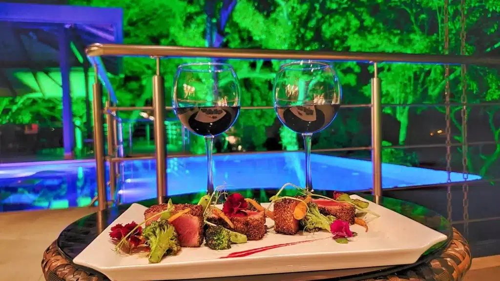 Costa Rica villa all-inclusive gourmet chef prepared appetizer with wine by an infinity pool under the stars in Manuel Antonio