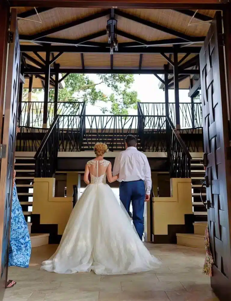 Costa Rica wedding with father walking daughter to her destination wedding ceremony at Vista Hermosa Estate
