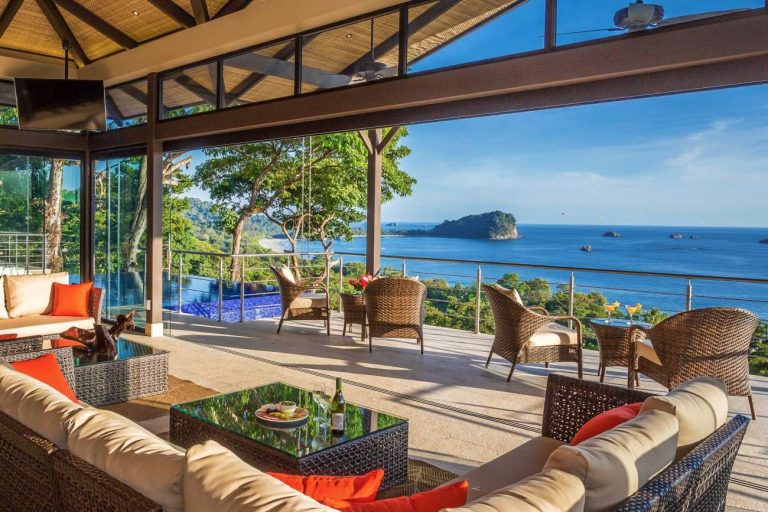 Villa gallery image of Vista Hermosa Estate showing a stunning open-air lounge with panoramic ocean views in Manuel Antonio, Costa Rica