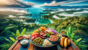Popular Costa Rica food with gallo pinto, corn tortillas, and rice and beans