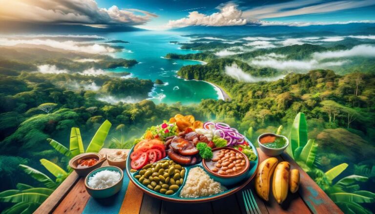 Popular Costa Rica food with gallo pinto, corn tortillas, and rice and beans