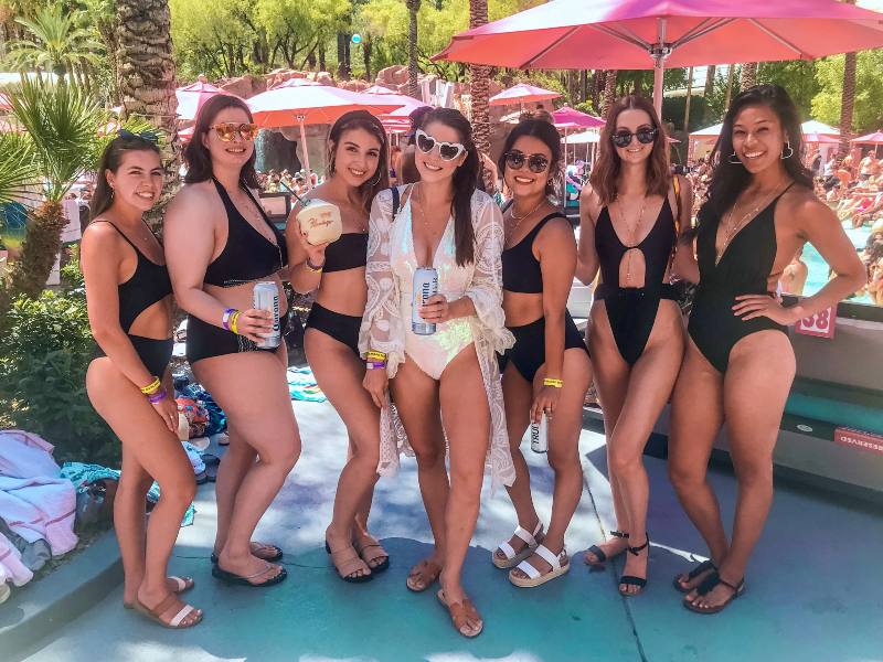 Bride and bridesmaids poolside bachelorette party Las Vegas Nevada